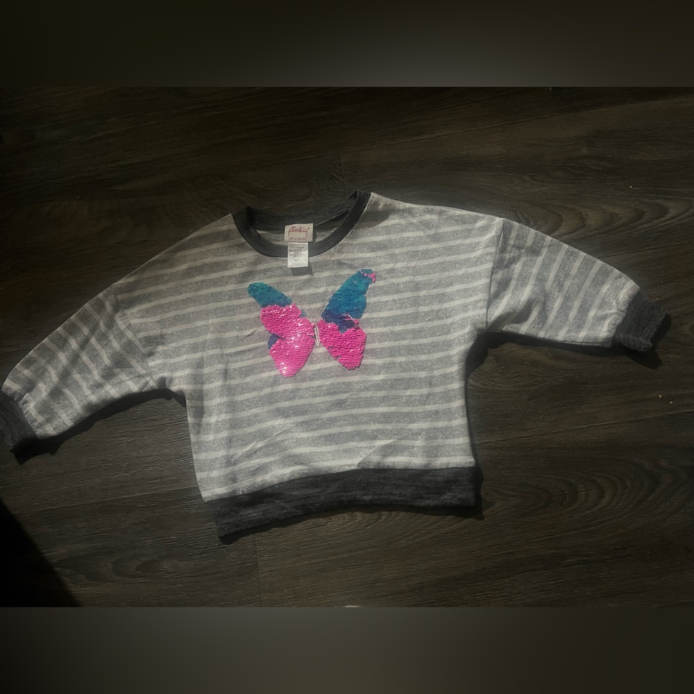 Pinky Gray Striped Long Sleeve with Sequin Butterfly